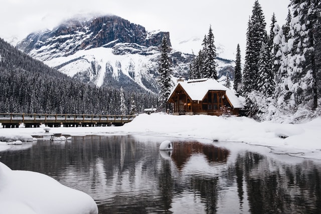 winter scene showing outdoor space around cabin